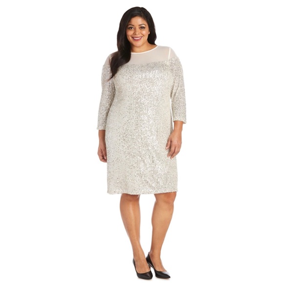 NWT R&M Richards White Sequined Plus Size Formal Long Sleeve Wedding Dress - Picture 2 of 4